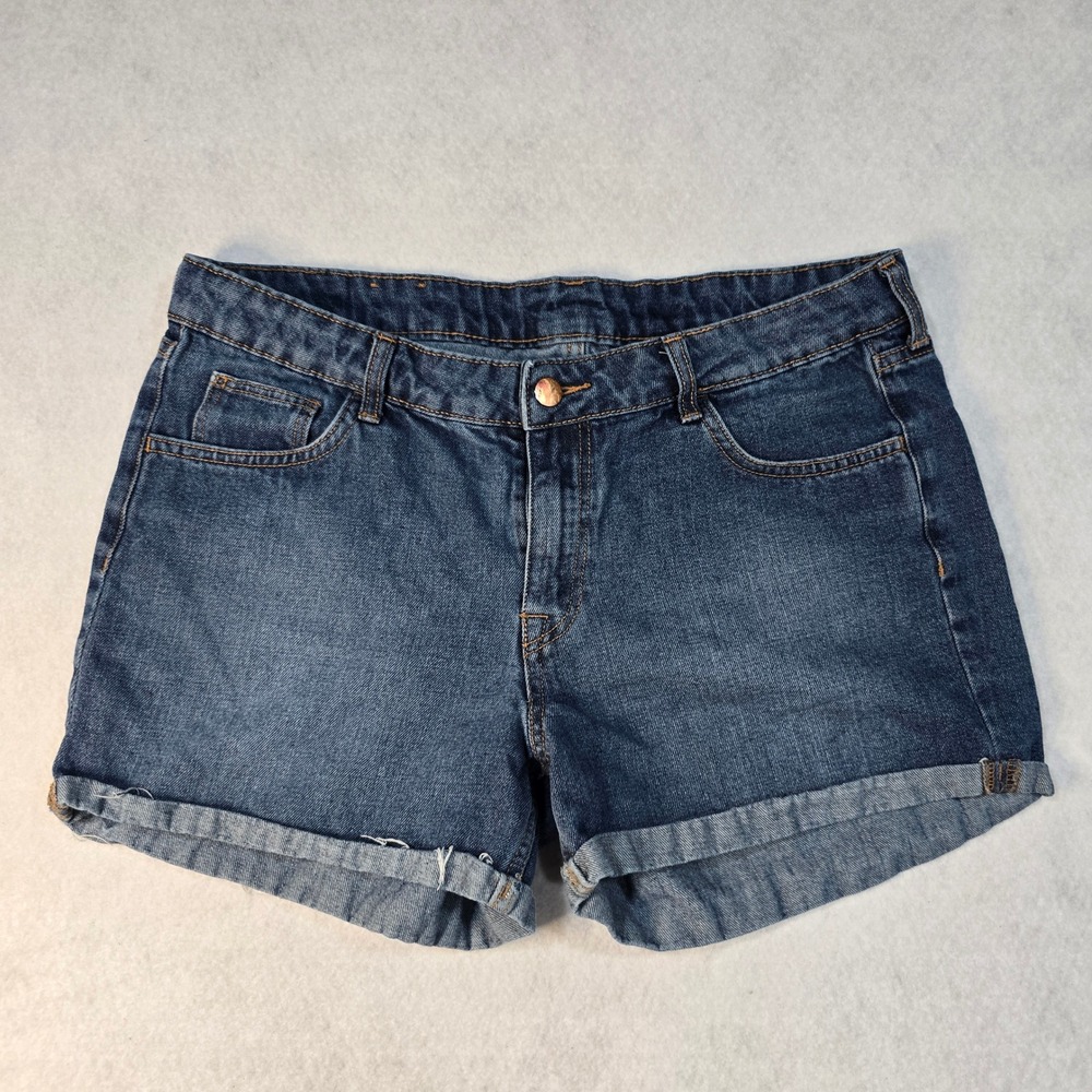 &Denim Women Blue Cuffed Jean Shorts Regular Waist Size 12 Dark Wash